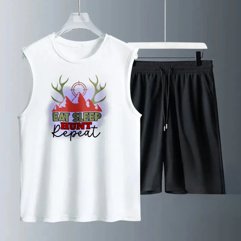 بدلة صدرية رجالية صيفية بدون أكمام مطبوعة أكل النوم هانت كرر تانك القمم + شورت طقم كرة القدم 	 بدلة رياضية رجالية سريعة