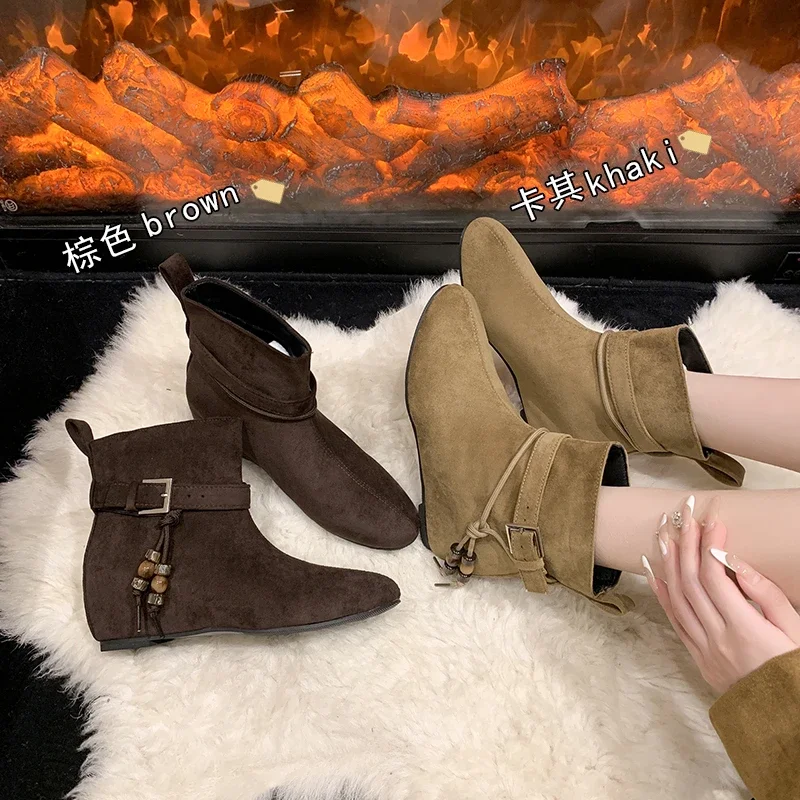 

2025 New Fashion Women Retro Round Toe Flat Thick Heel Shorthole Boots Women Autumn Versatile Booties Inside Heightening