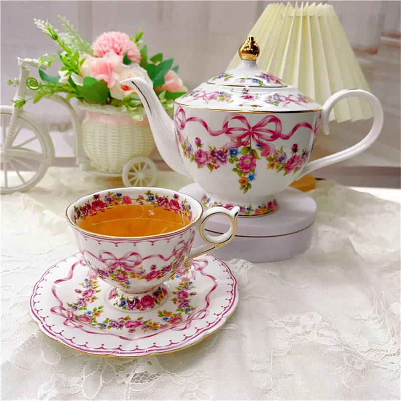 Prince Regent Retro Tea Pot, Tea Cup Saucer Set, Rose Bow Coffee Pot, Coffee Cup Set, Coffeeware for Home Kitchen