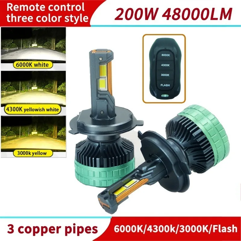 

H4 Tricolor Remote Control LED Headlights Copper Tube H1 H7 H11 HB3 9005 9006 6000K 4300K 3000K For Car Headlights Lights 12V