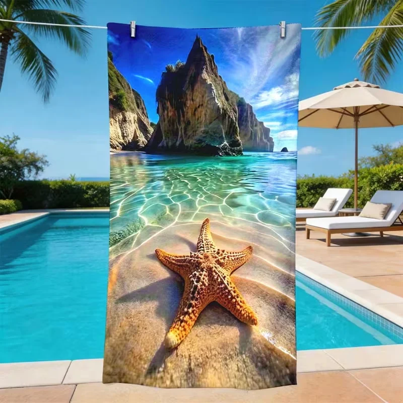 Cliff Clear Sea Starfish Landscape Beach Towel Ocean View Quick Dry Sand Resistant Absorbent Towel Summer Vacation Towel