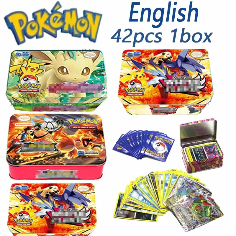 AUF LAGER 42 Stück/Set Eisenmetallbox Pokémon-Karten Kampfspielzeug Verlorene Pokémon-Kartenbox Spiel Anime-Karten