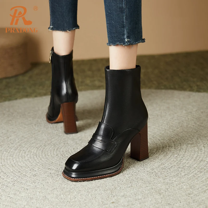 PRXDONG Brand Genuine Cow Leather Shoes Woman Ankle Boots Chunky High Heels Platform Black Brown Retro Autumn WInter Warm Shoes