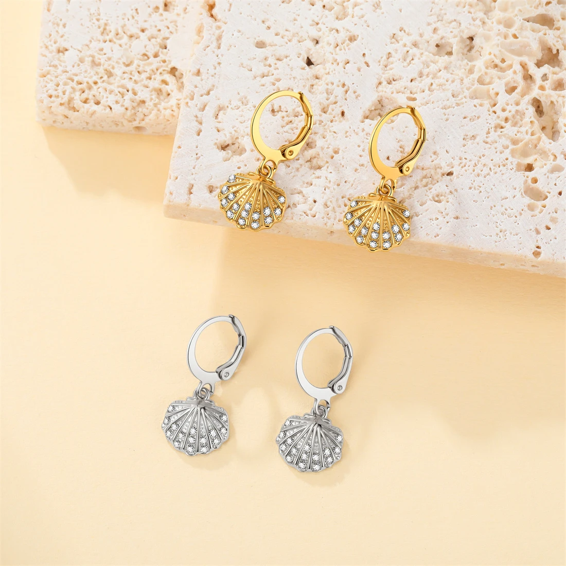 Eueavan Zirkon-Seestern-Muschel-Creolen aus Edelstahl, geometrische Ohrringe für den Sommerurlaub am Strand, für Damen, Party-Schmuck, Geschenk – Detail 13