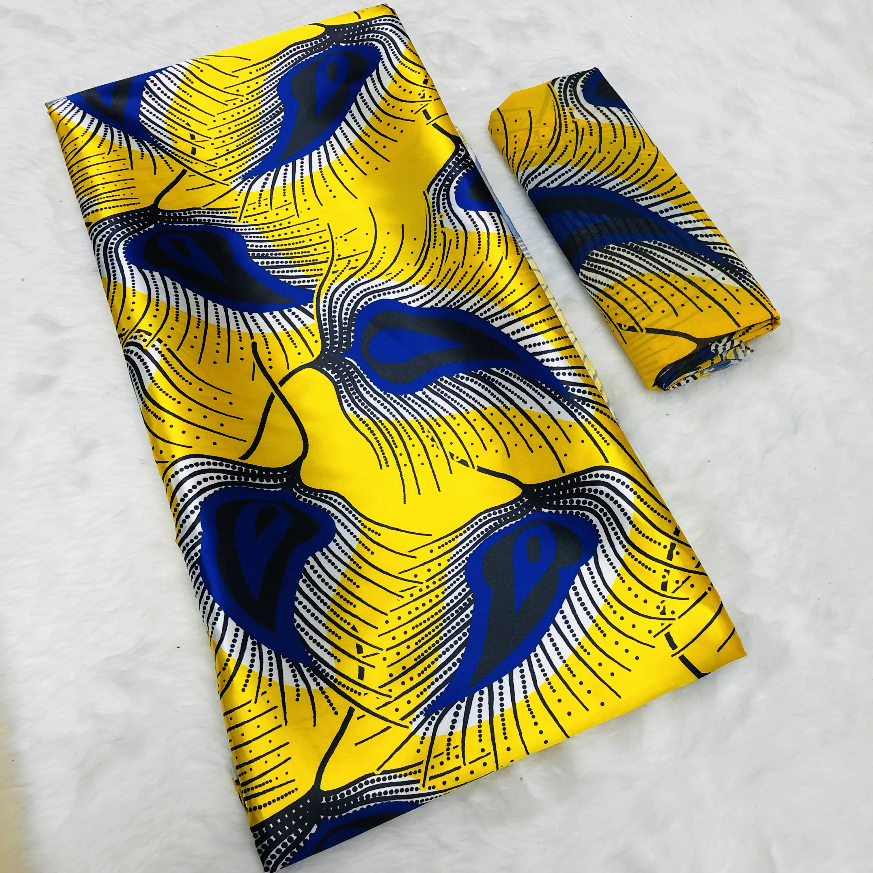 2024 New Arrival Fashion Pure Satin Silk Fabric Soft African Fabric 2+4 yards Yellow Blue African Silk Fabric For Party Dress