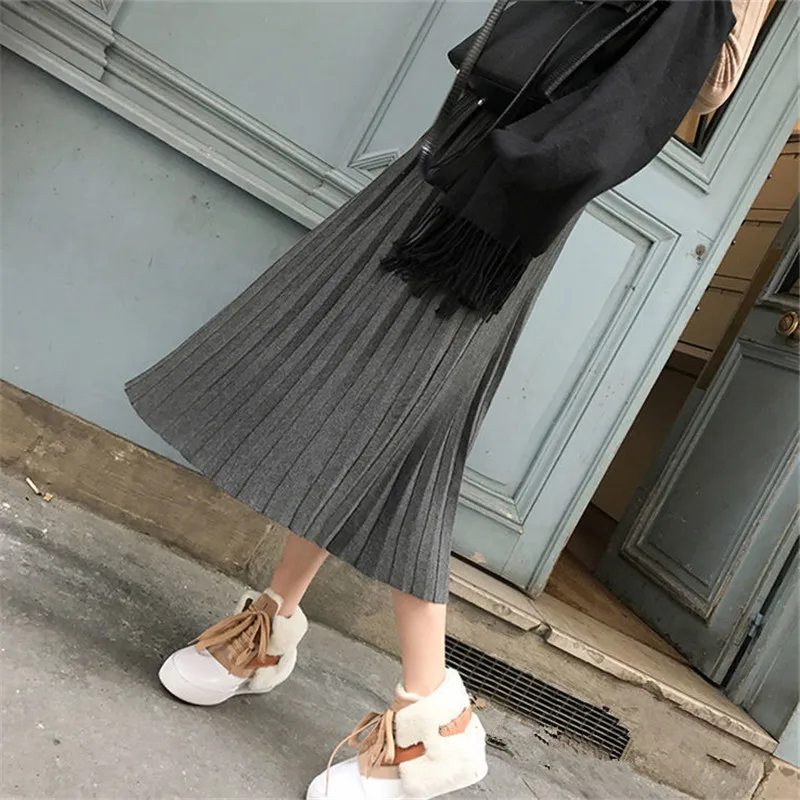 Women Skirt Knitted Midi Skirt Black A-line High Waist Pleated Skirt Elegant Skirt Spring Autumn Winter faldas femme jupes