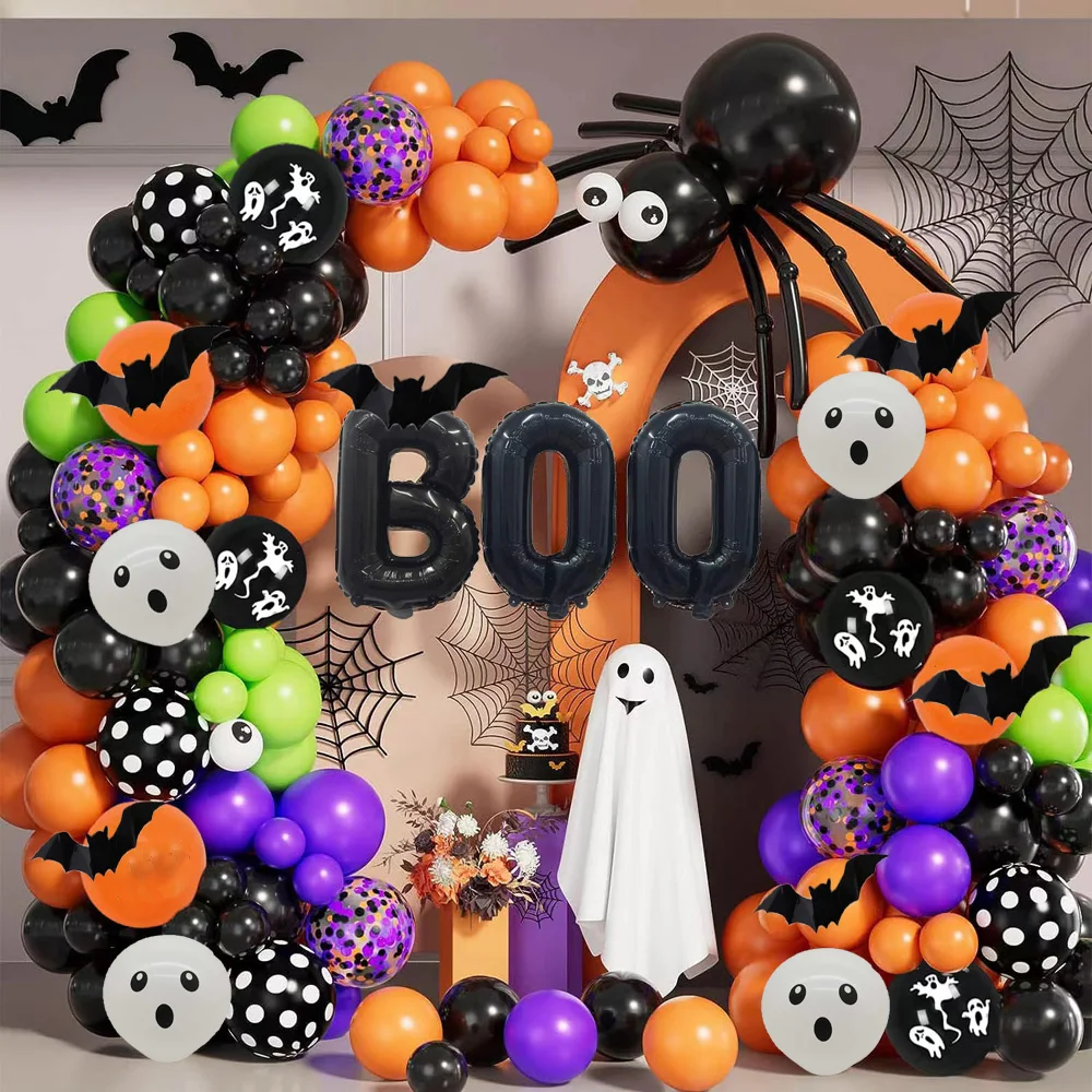 141pcs Spooky Halloween Balloon Arch Garland Kit Black Orange Purple Confetti Eye Ghost Latex Ball Party Classroom Birthday Deco