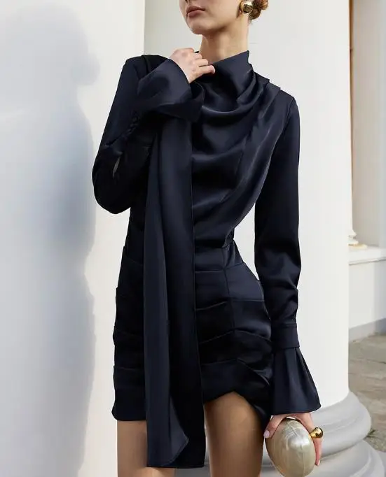 

Autumn New Fashionable Design Scarf Collar Decorative Wrinkle Dress Women's Elegant Solid Color Trumpet Sleeves Slimming Dress