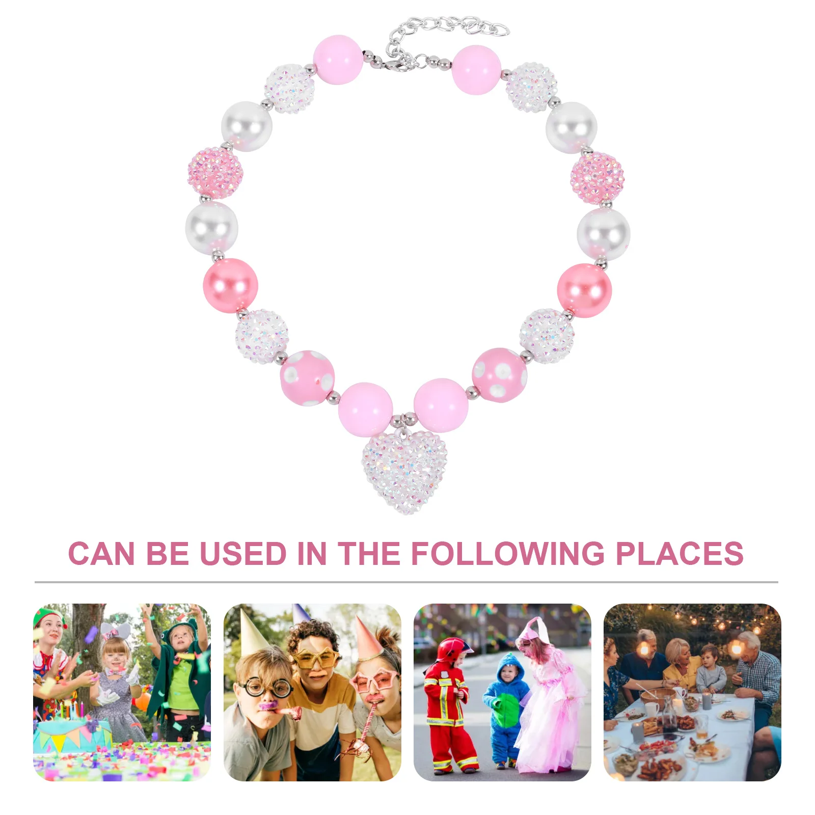 

1Pcs Colorful Kids Necklace Pink White Plastic Beaded Heart Pendant String Beads Necklace Fashion Gift for Little Girls Birthday