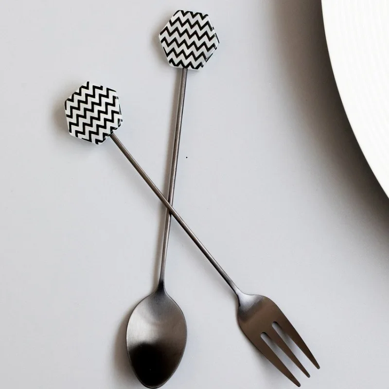 1pc Stainless Steel Stirring Spoon Fork Coffee Cake Dessert Tea Ice Cream Creative Teaspoon Spoon Kitchen Tableware