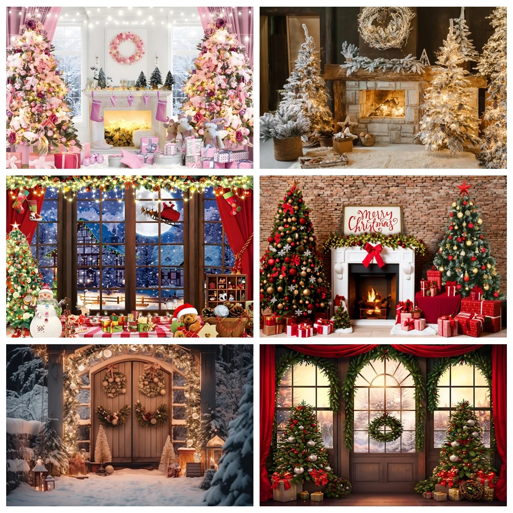 Christmas Fireplace Photography Backdrops Winter Xmas Tree Gift Family Party Home Decor Baby Portrait Background Photo Studio