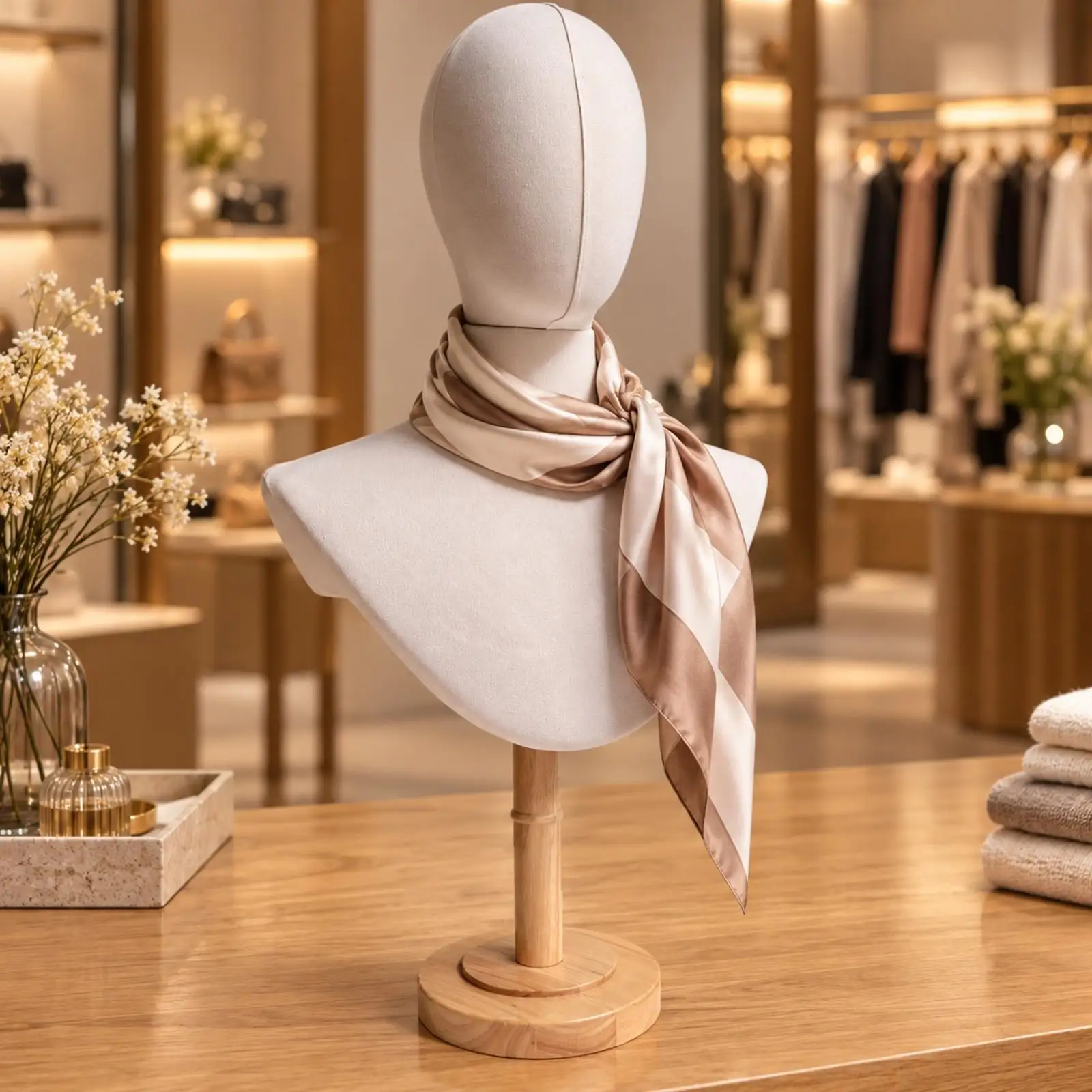 Adjustable Mannequin Display Head with Cloth Covered Bust and Wooden Base for Hat Scarf Shawl Showcase