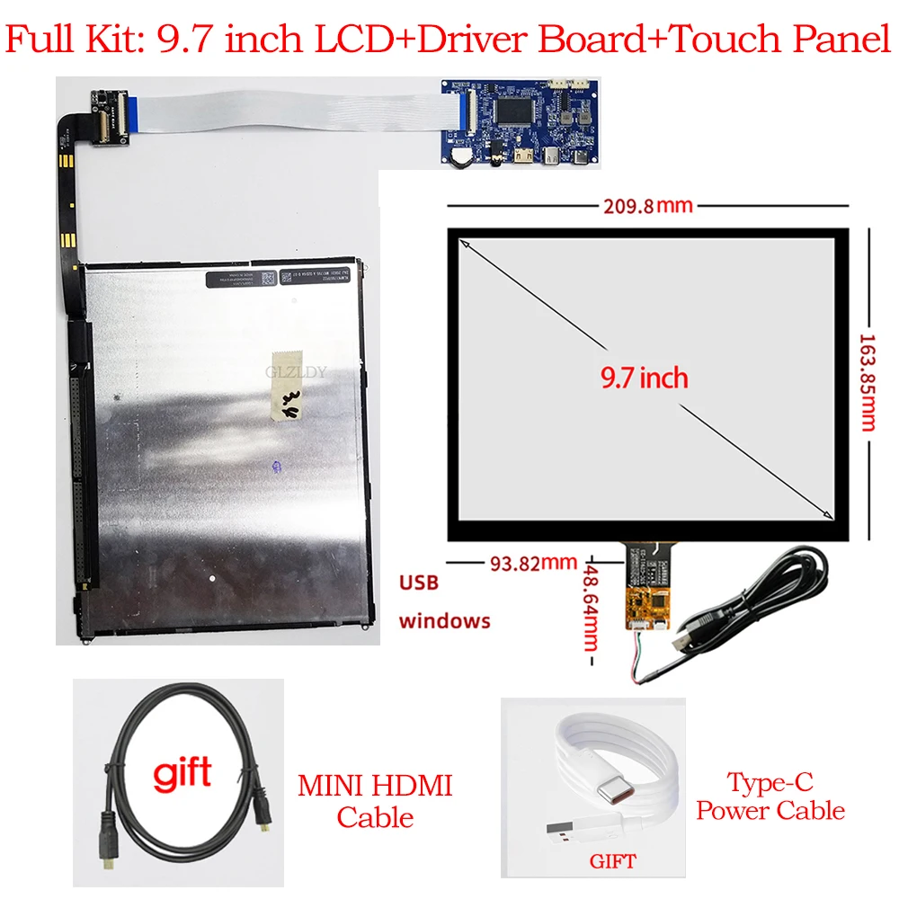 For iPad 3/4 9.7 Inch LP097QX1-SPA1 LTL097QL01 DIY IPS 2K LCD Display Screen Monitor Control Driver Board Digitizer Touchscreen