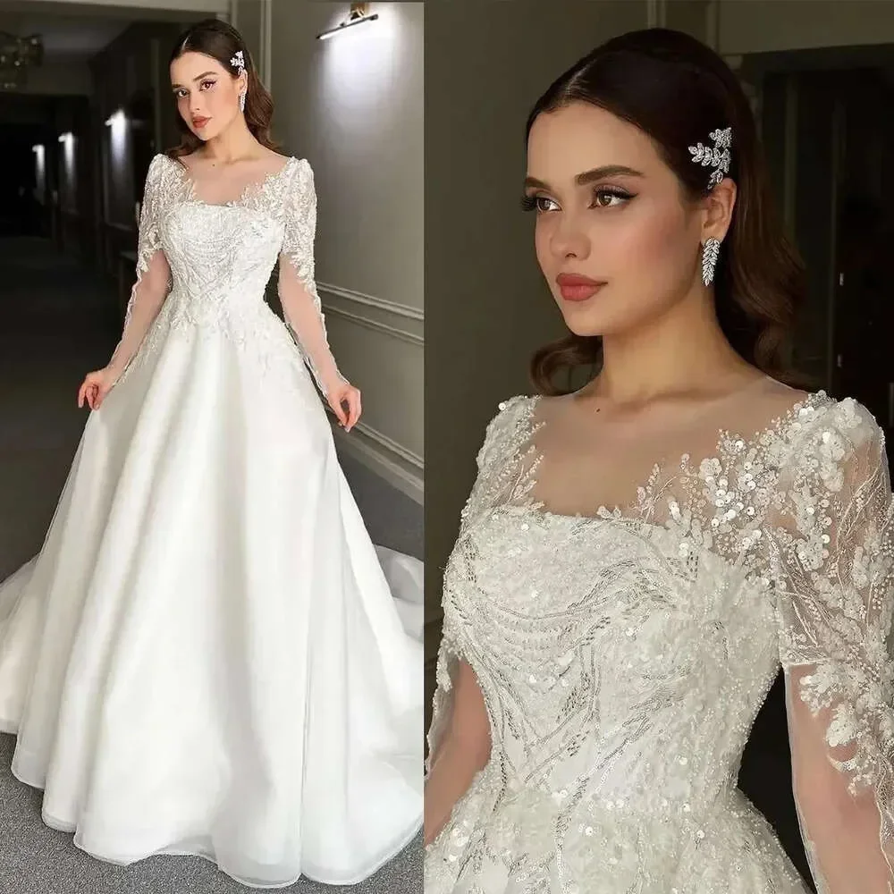 

Customized Luxury Long Bridal Dress Sleeves A Line Fashion Lace Sequin Applique Zipper Plus Size Beach Garden Wedding Dress 2025