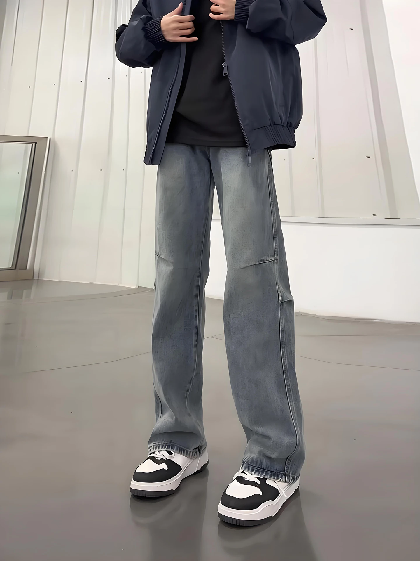 

Синие плиссированные джинсы с заклепками и прямым кроем, мужские, в американском ретро-стиле, свободные рабочие брюки, молодежные модные хлопковые полукомбинезоны