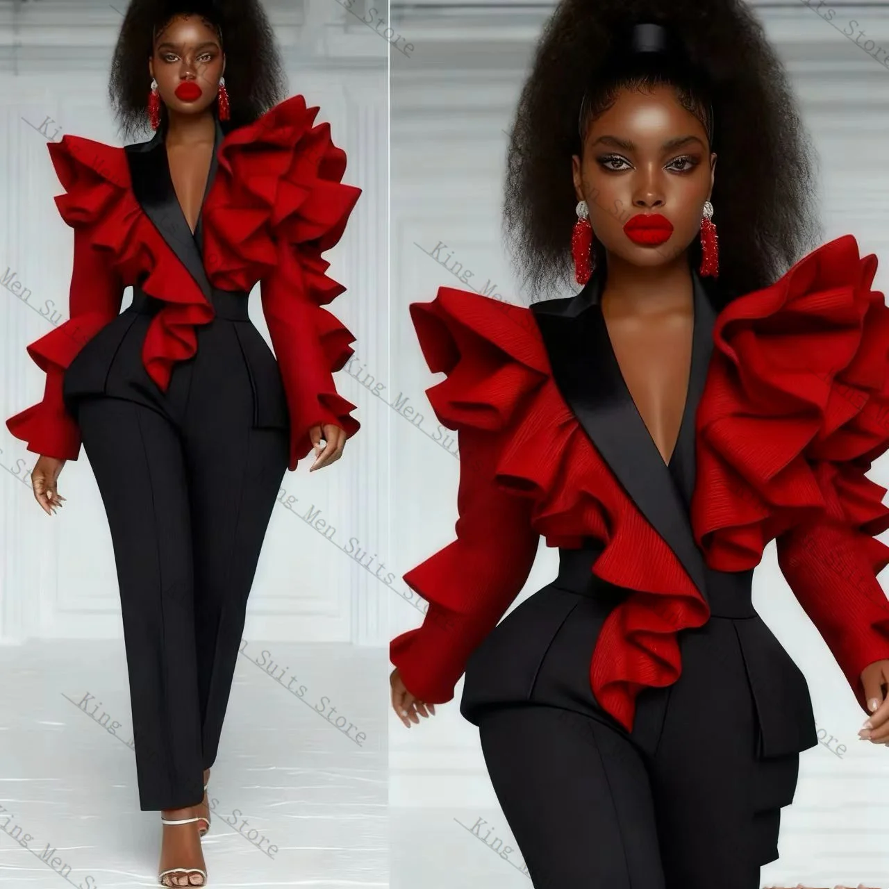 Abito da donna rosso nero Set 2 pezzi Blazer + pantaloni Pantaloni con volant Spalla Giacca da smoking da matrimonio formale personalizzata per ospiti