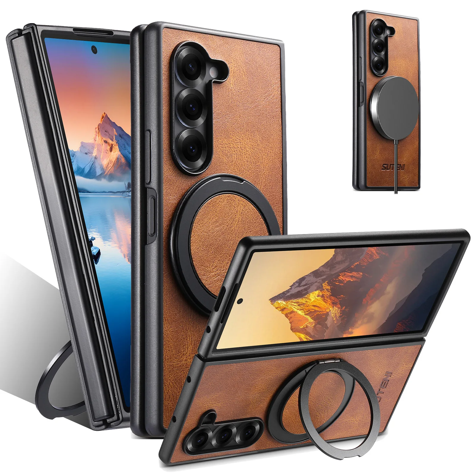 Magnet Wireless Charging Phone Case Faux Leather 360° Rotating Stand Buckle For Samsung Galaxy Z Fold 8 Ultra 7 6 5 Cover