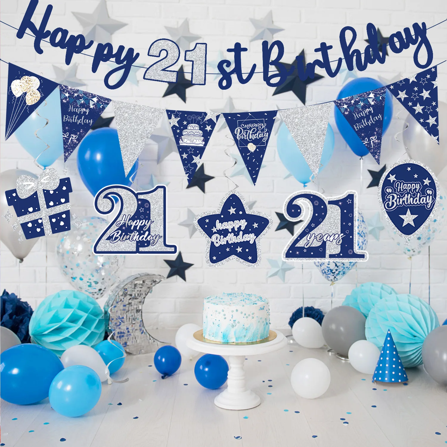 28pcs Mixed 21st Birthday Party Decorations Set - Lavender Blue Triangle Bunting Flags Streamers And Hanging Decorations for Ind
