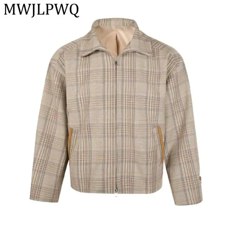 MWJLPWQ Vintage Plaid Zip Up Coach Jacket Contrast Pocket Trim Lapel Collar Lined Cropped Loose Men Retro Street Outerwear 17013
