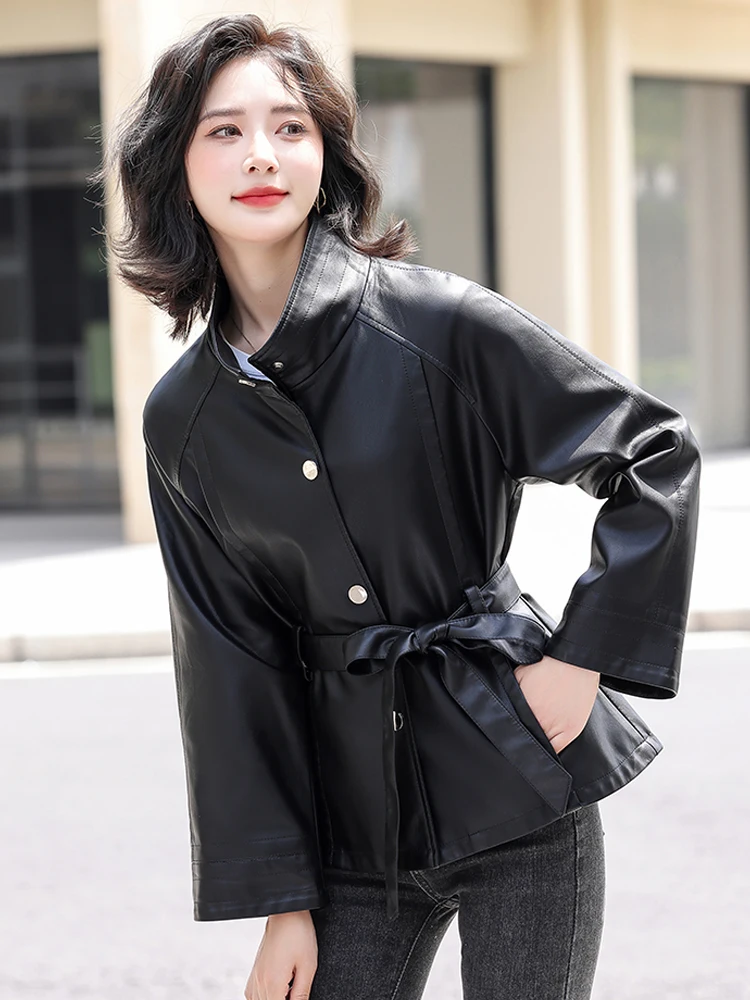 Manteau en cuir pour femme, coupe ajustée, en peau de mouton véritable de Haining, avec ceinture, style décontracté, vêtement d'extérieur tendance, collection Automne Hiver