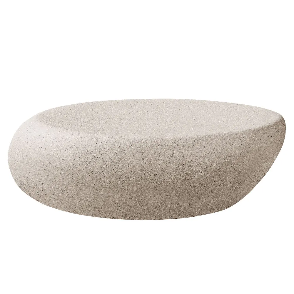 43.3 Inch Fiberglass Elliptical Coffee Table Vintage Irregular Center Table Matte Finish for Living Room Sofa Front Cream White No Assembly