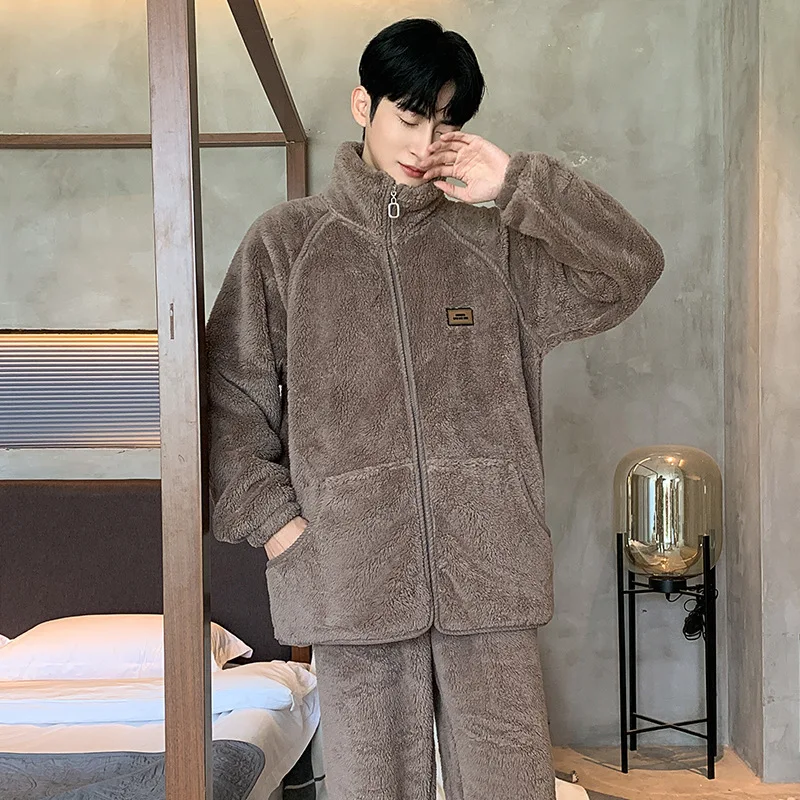 2026 New Winter Coral Fleece Nightwear For Men Zipper Warm Nightwear 2Pcs/set Pajamas Set Solid Color Homewear pyjama homme