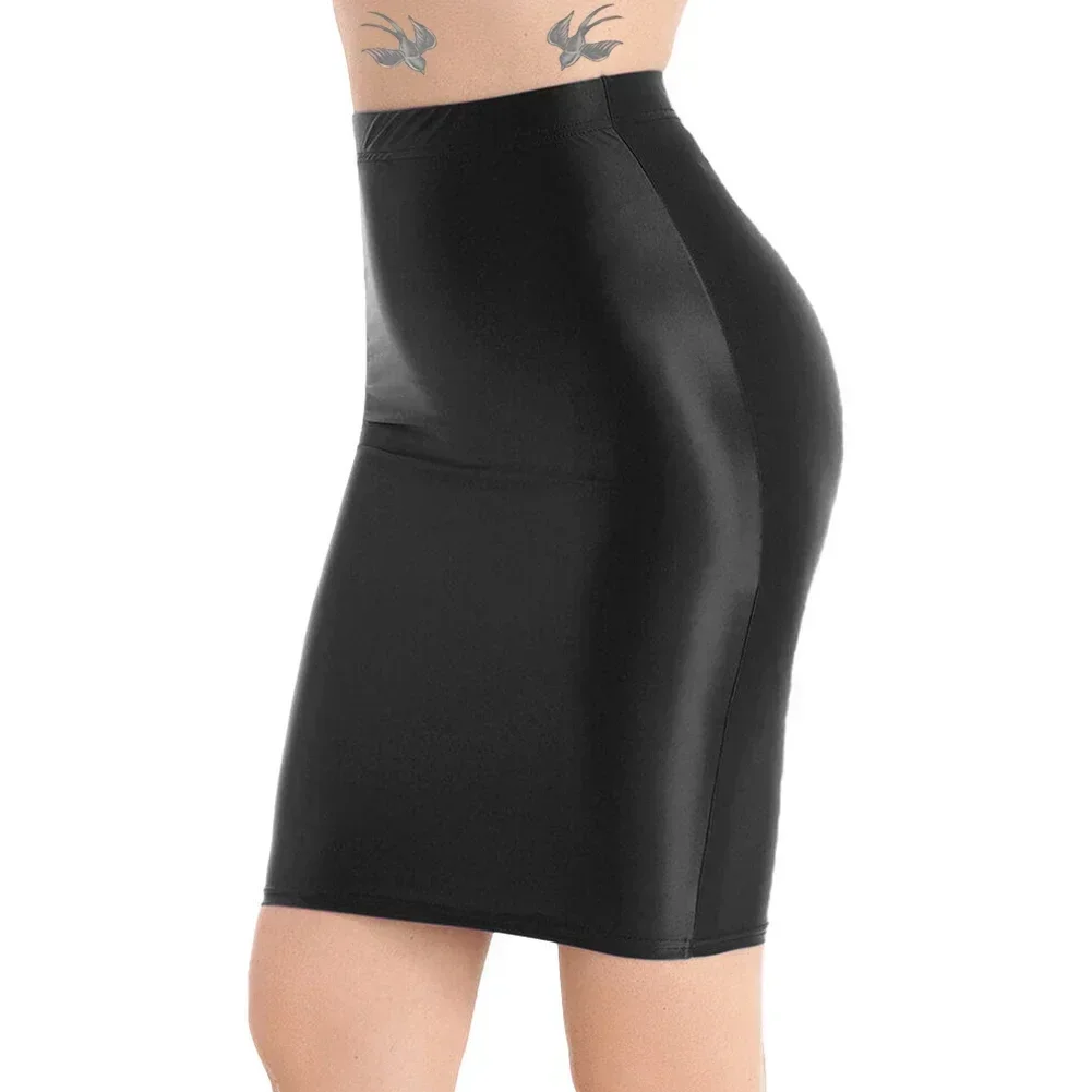 Frauen glänzend glänzend hohe Taille Bleistift Minirock dehnbare Bodycon Shirts Clubwear Mode fit A-Linie sexy engen Rock