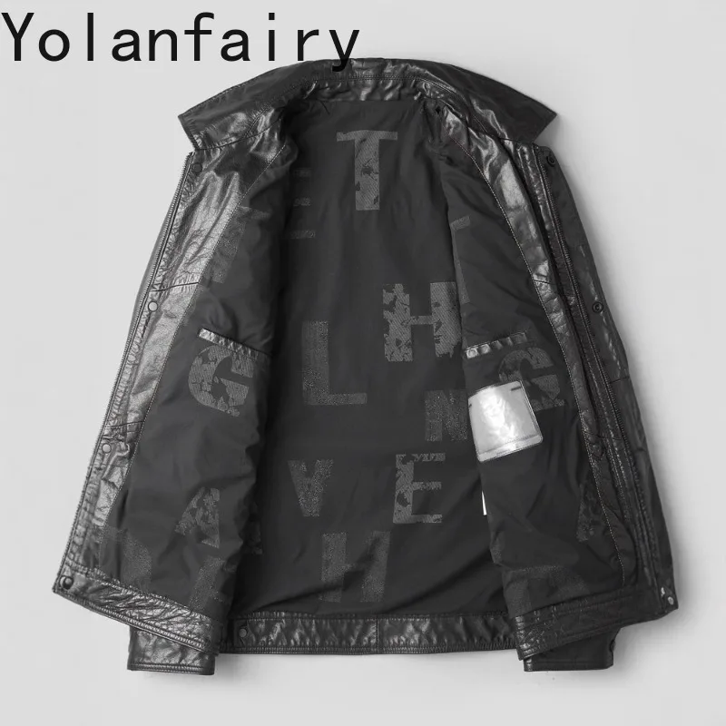 YOLANFAIRY Abrigo de cuero de vaca auténtico para hombre, ropa casual, chaqueta de cuero genuino con solapa, chaquetas de cuero negras cortas para hombre, casacos
