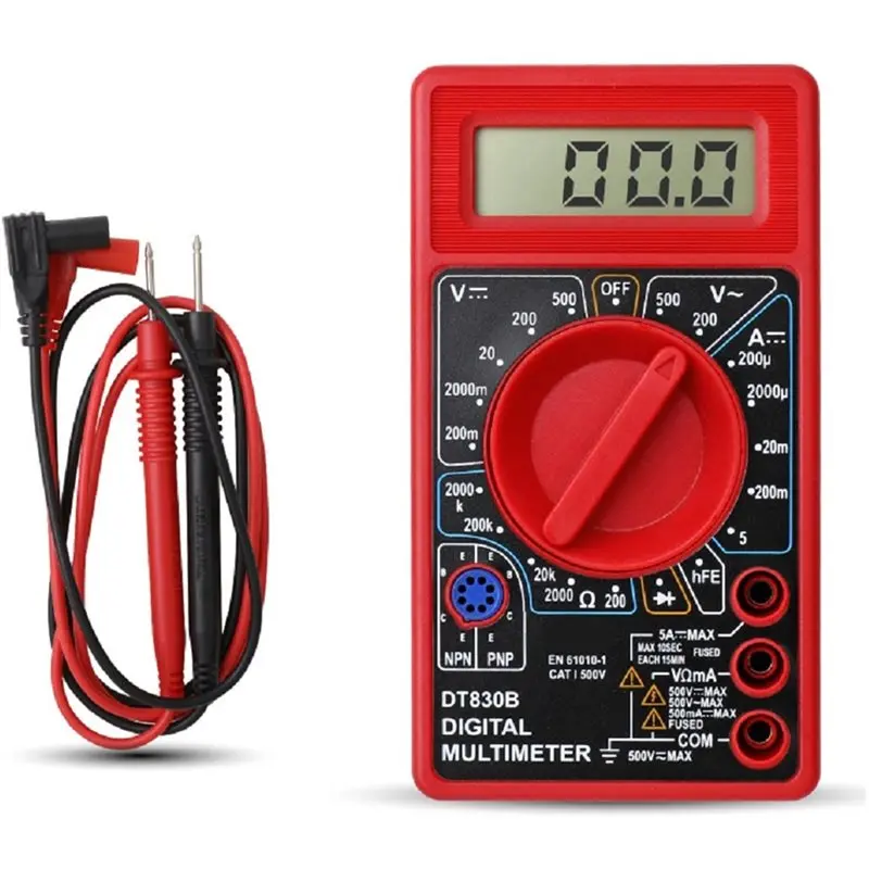 [NEW!A08R】 DT830B Mini Digital Multimeter DC AC Voltage Amperage Tester With LCD Display Overload Protection Red Test Probe