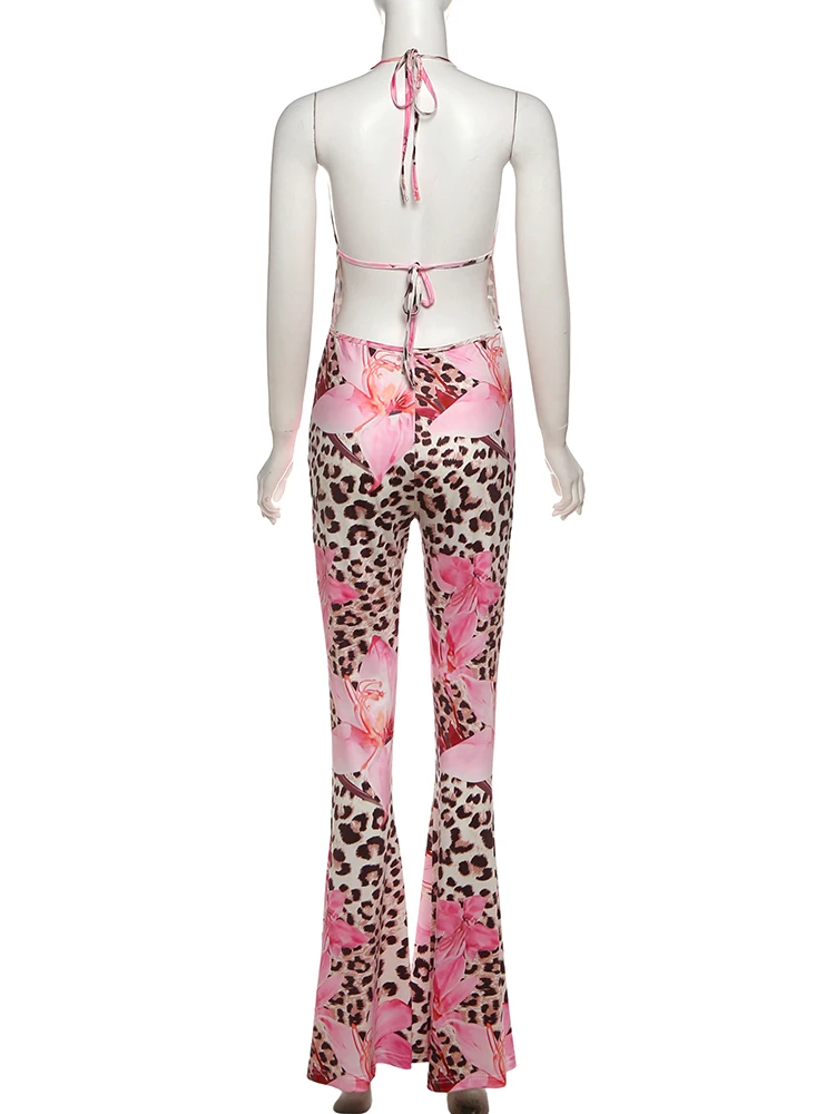 Nibber Jumpsuit Motif Macan Tutul Wanita Halter Berleher V Dalam Tanpa Lengan Punggung Terbuka Ketat Elastis Gaya Jalanan Seksi Pakaian Malam