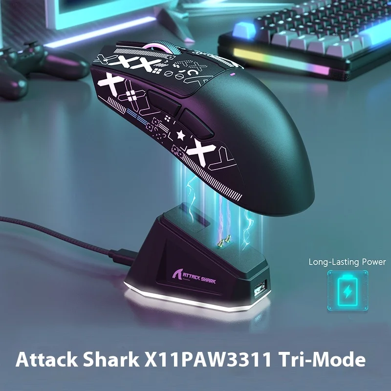 

Беспроводная игровая мышь Attack Shark X11 с зарядной док-станцией, 3-режимный Bluetooth-совместимый датчик Paw3311 для киберспорта для компьютерного офиса