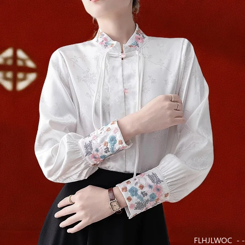 

Flower Embroidery Tops Blouses Woman New 2025 Spring Retro Vintage Elegant Long Sleeve Button Basic White Shirts