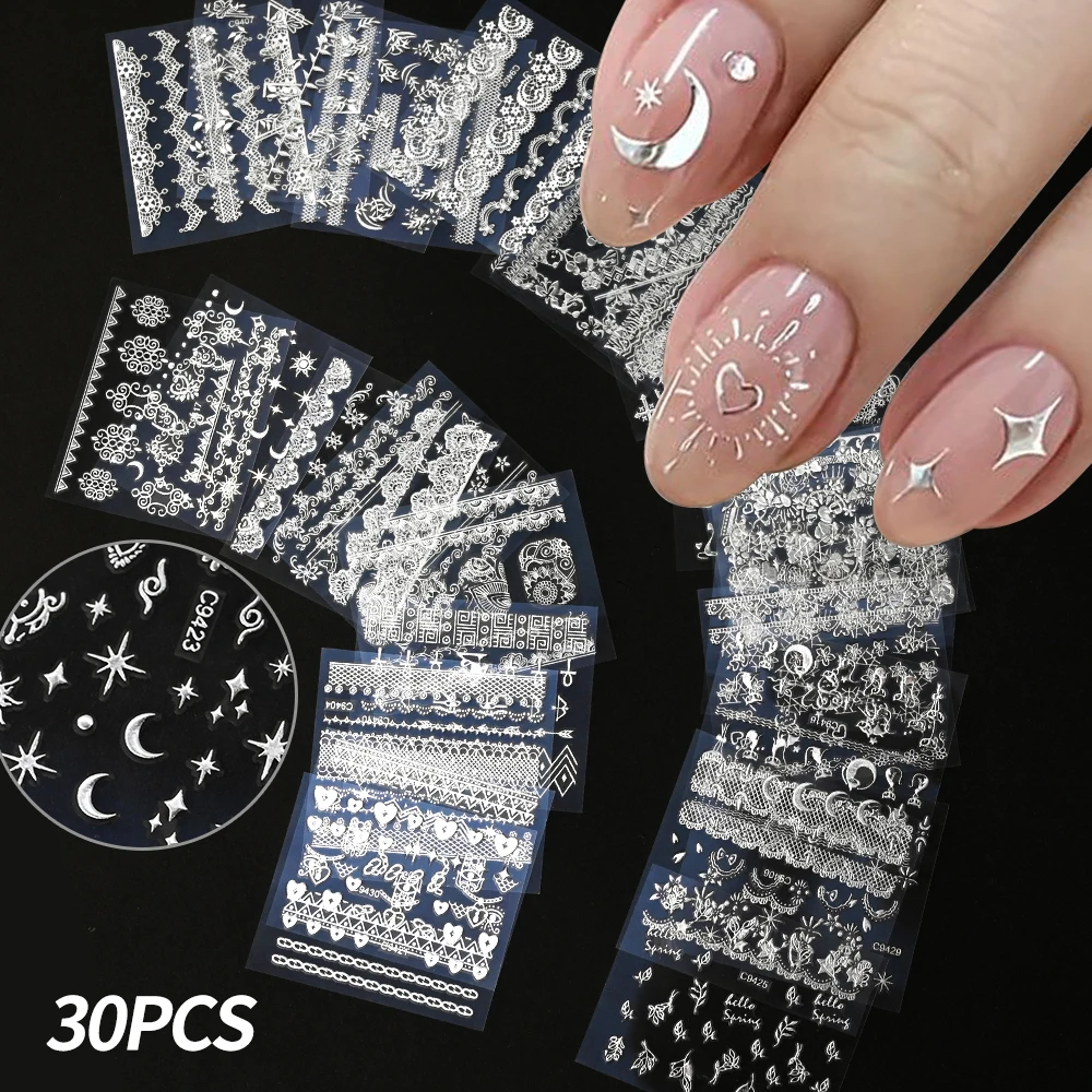 30pcs Nail Stickers Set Hot Stamping SilverFlower Heart, Stars, Moon, Geometric Decal Nail Art Slider For Nail Decoration Tattoo