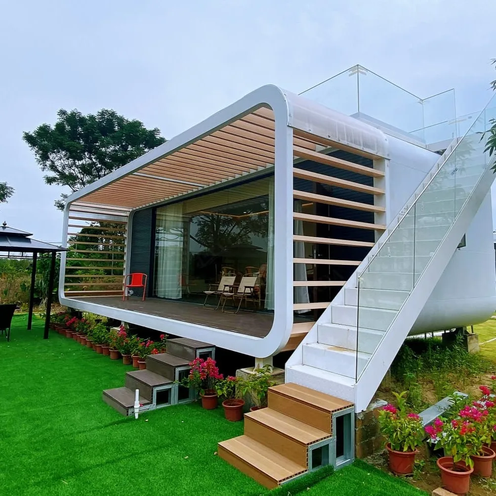 Double Decker Steel Structure Capsule Container House Glass Balcony Terrace Modern Design Fast Install for Hotel Apartment Use