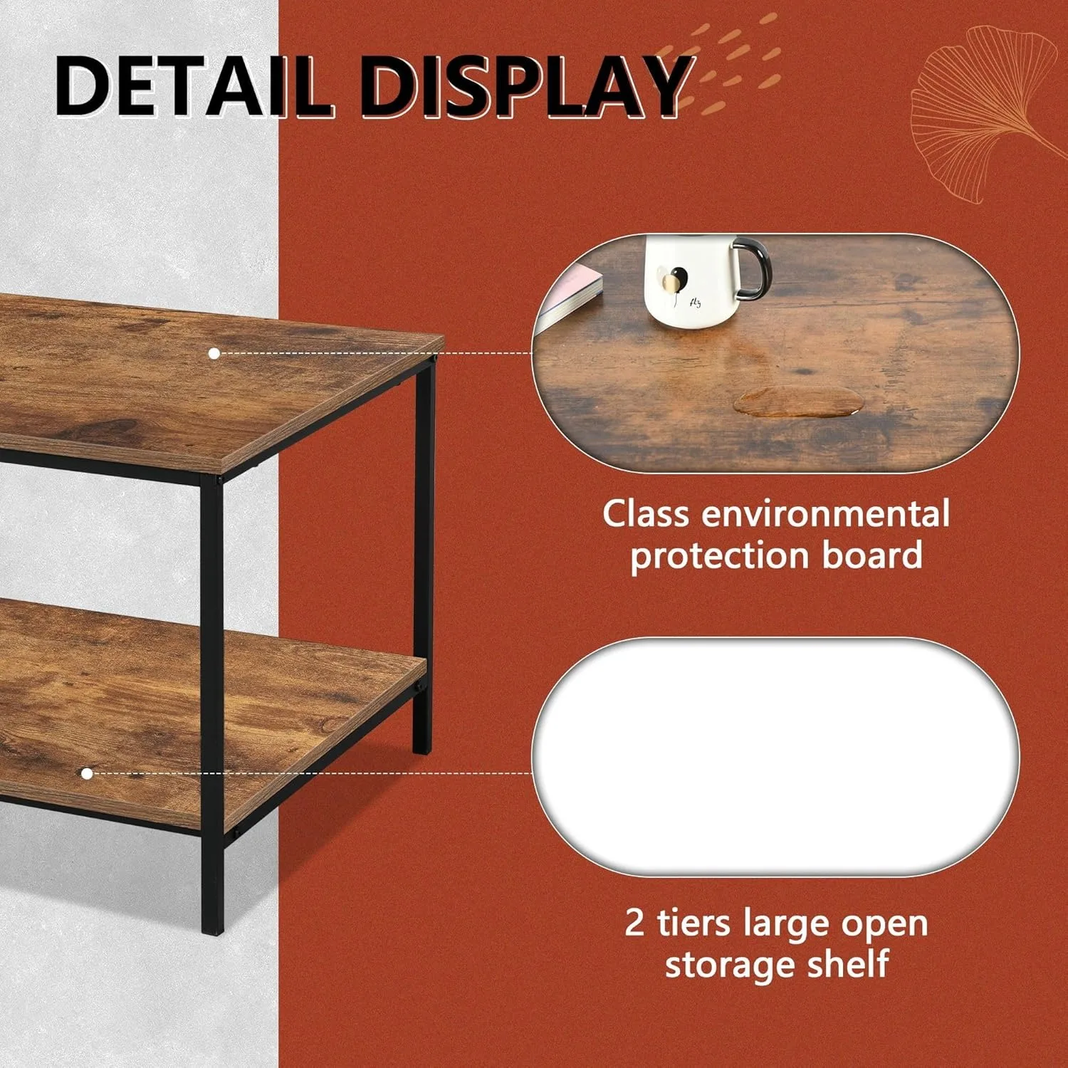 Small  Rectangle Wood and Metal Coffee Table with Storage Shelf for Small Living Rooms