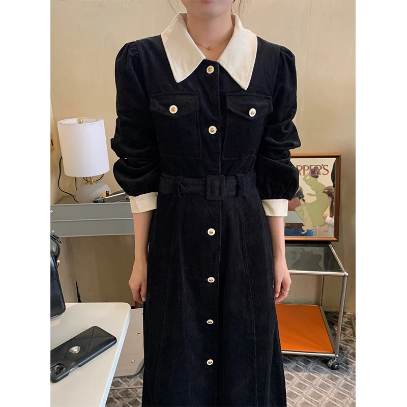 MEXZT Vintage Belt Midi Dress Women Corduroy A Line Dresses Winter Korean Elegant Patchwork Single-Breasted Slim Casual Vestidos