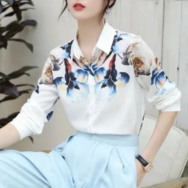 Spring Autumn Women\'s Chiffon Lantern Long Sleeve Turn-down Collar Button Geometric Printing Cardigan Shirt Casual Elegant Tops