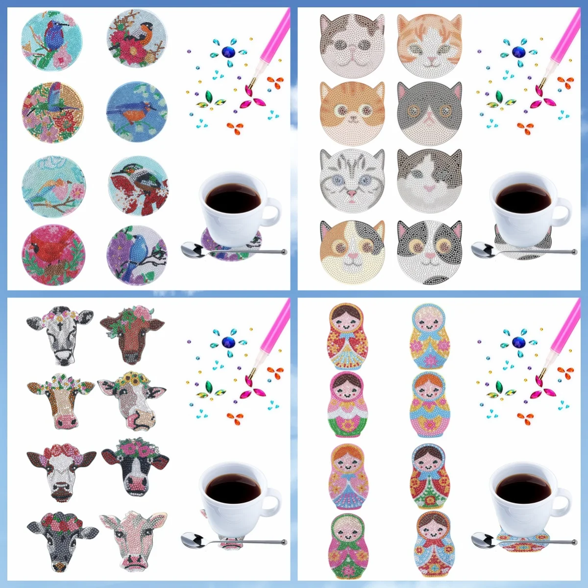 

8 pieces/set of DIY animal diamond painting wooden anti-slip coasters, suitable for bar and cafe decoration anti-slip coasters