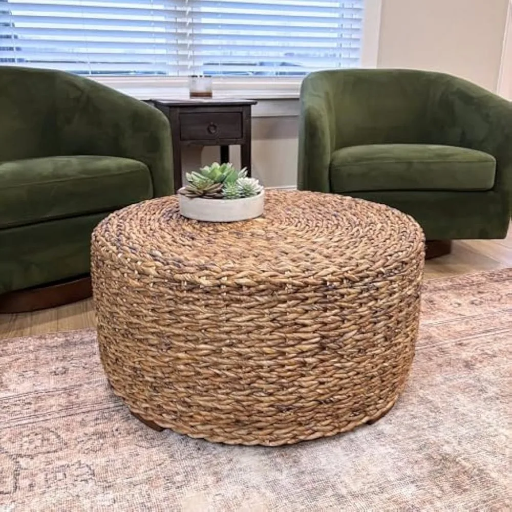 طاولة قهوة من الخيزران المنسوجة الدائرية من Abella، طاولة قهوة بوهو ساحلية بلمسة نهائية طبيعية، 28.5 بوصة، مصنوعة يدويًا