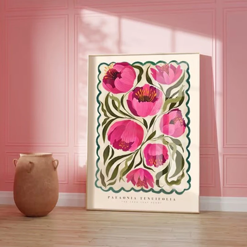 Sommerpfingstrose, bunte, schrullige handgezeichnete Kunst, Pfingstrosen, bunte Kunst, leuchtender bunter Kunstdruck, modernes Kunstdruck-Leinwandposter