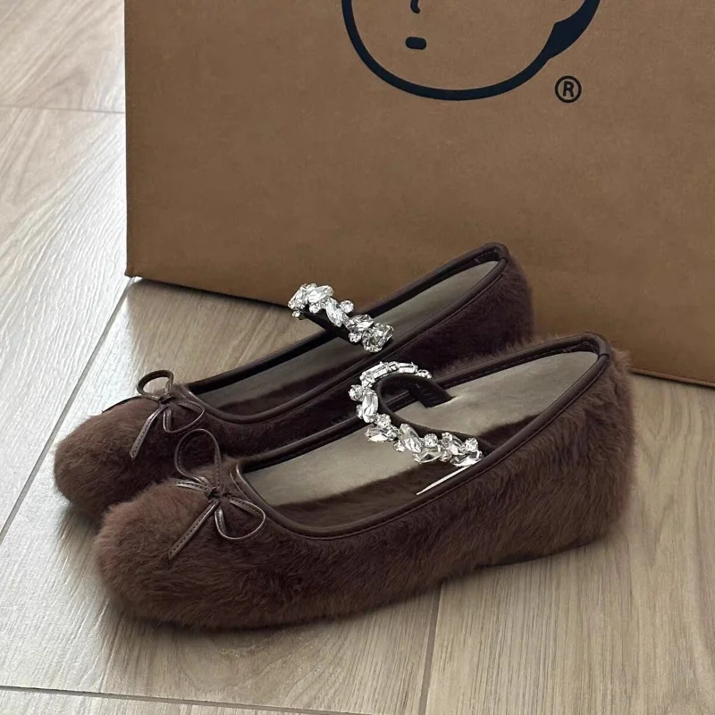 Bow Fur Mary Jane Crystal Flats Women Shoes Suede Winter New Shallow Luxury 2025 Cozy Ballet Dance Shoes Woman Warm Snow Boots