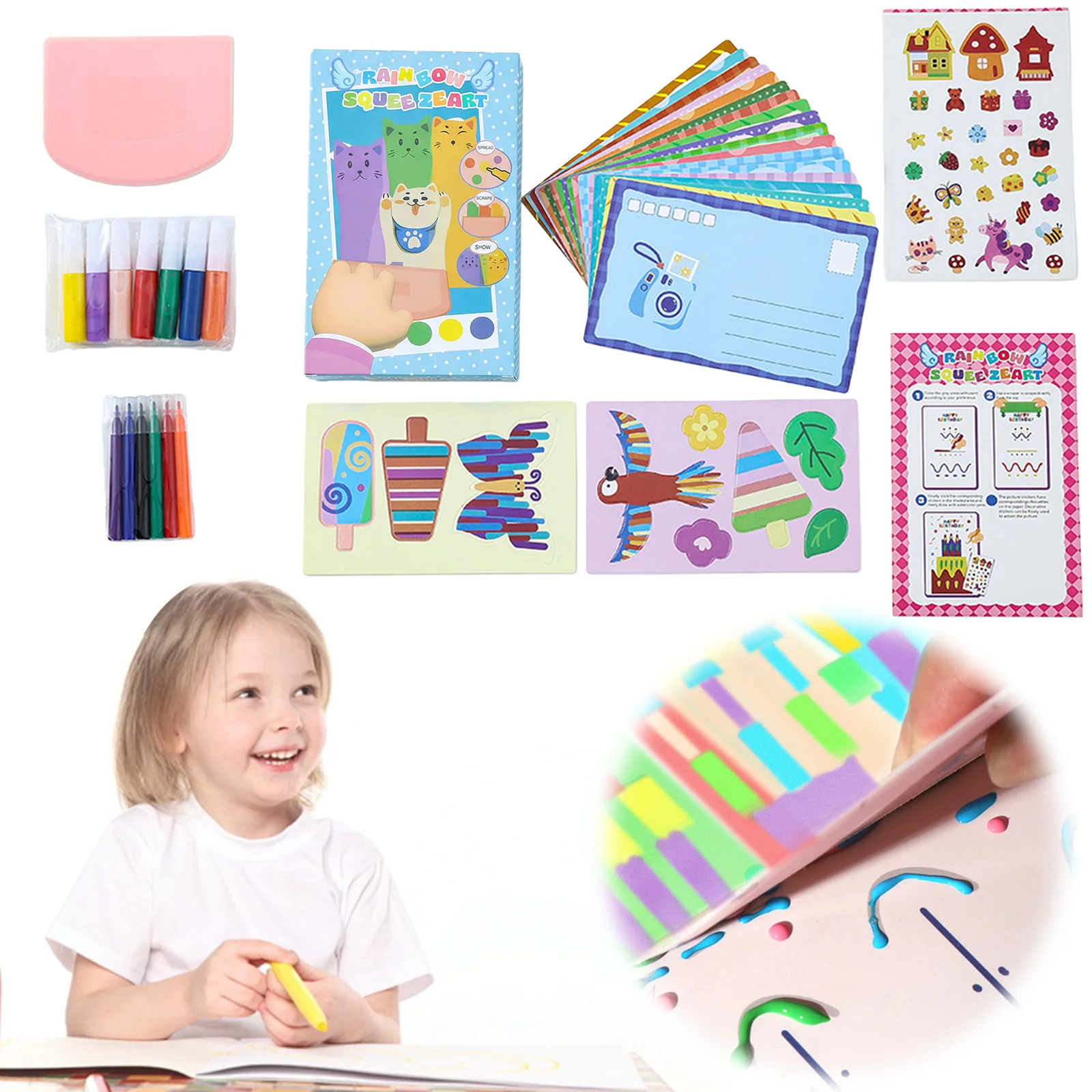 Magic Rainbow Scratch Paper Art Set Creative Squeegee Painting Kit Fun Craft Bookmarks Paper Novelty Birthday Gifts