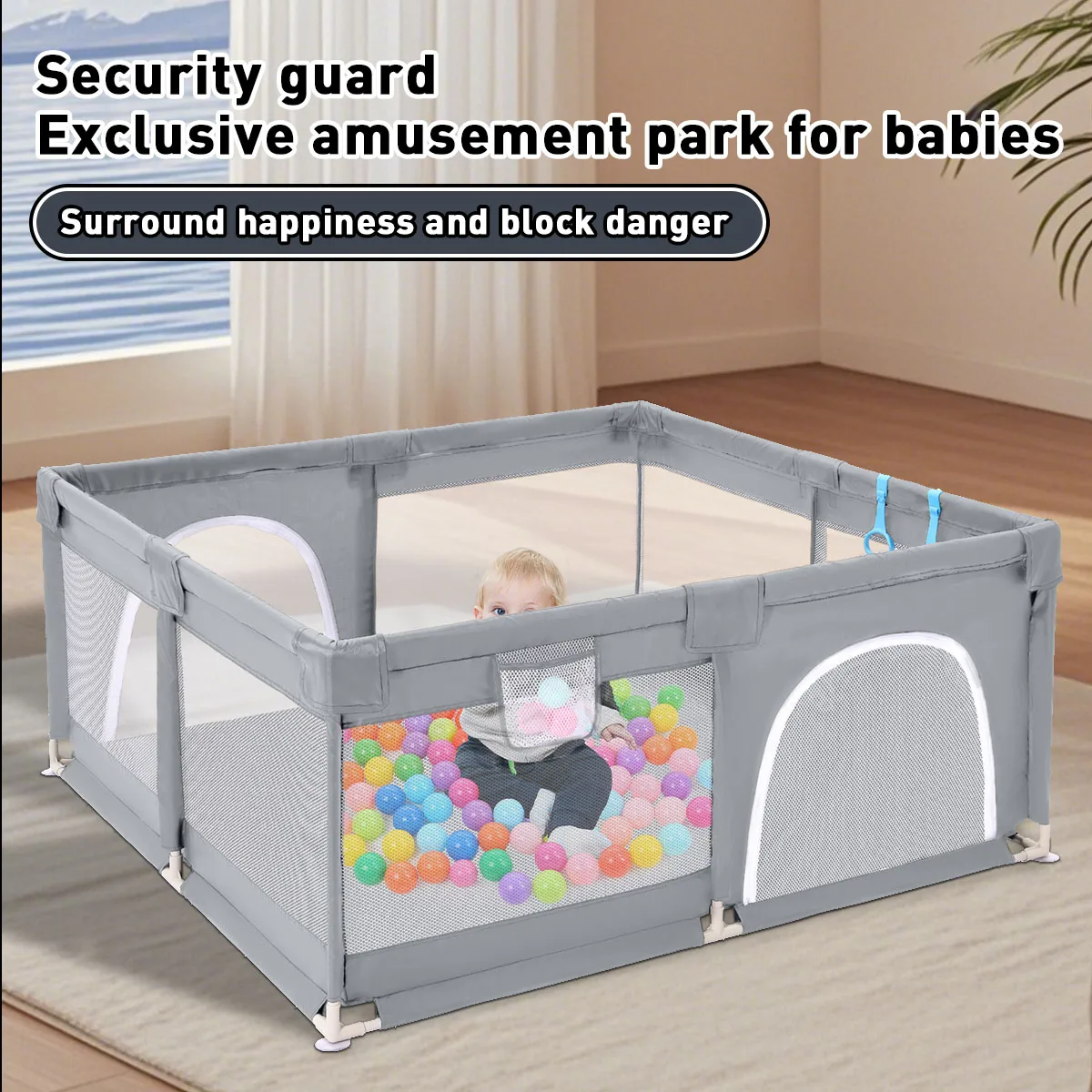

Infant Play Yard with Ball Pit 6M-6Y Safe Fence Pull Ring Child Barrier Indoor Guardrail Portable Baby Enclosure
