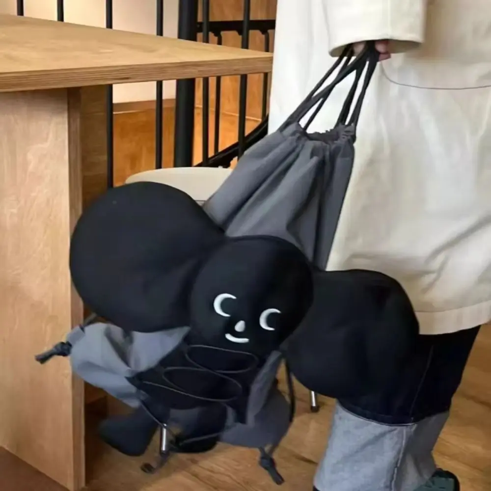

Fashion Casual Cartoon Backpack Drawstring Adorable Doll School Bag Lightweight Large Capacity Black Double Shoulder Bag Gifts