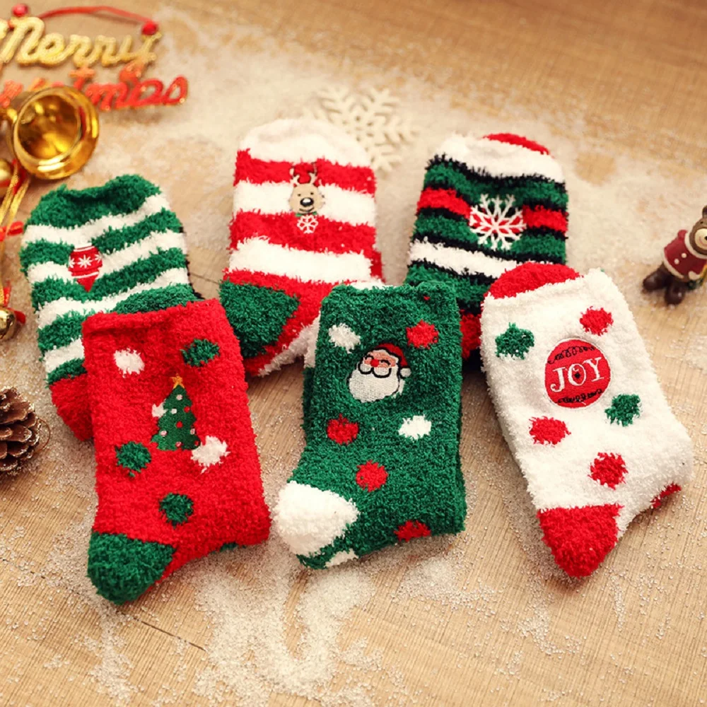 

Cute Thick Patchwork Color Striped Girls Indoor Floor Women Fluffy Socks Coral Fleece Socks Hosiery Christmas Velvet Socks