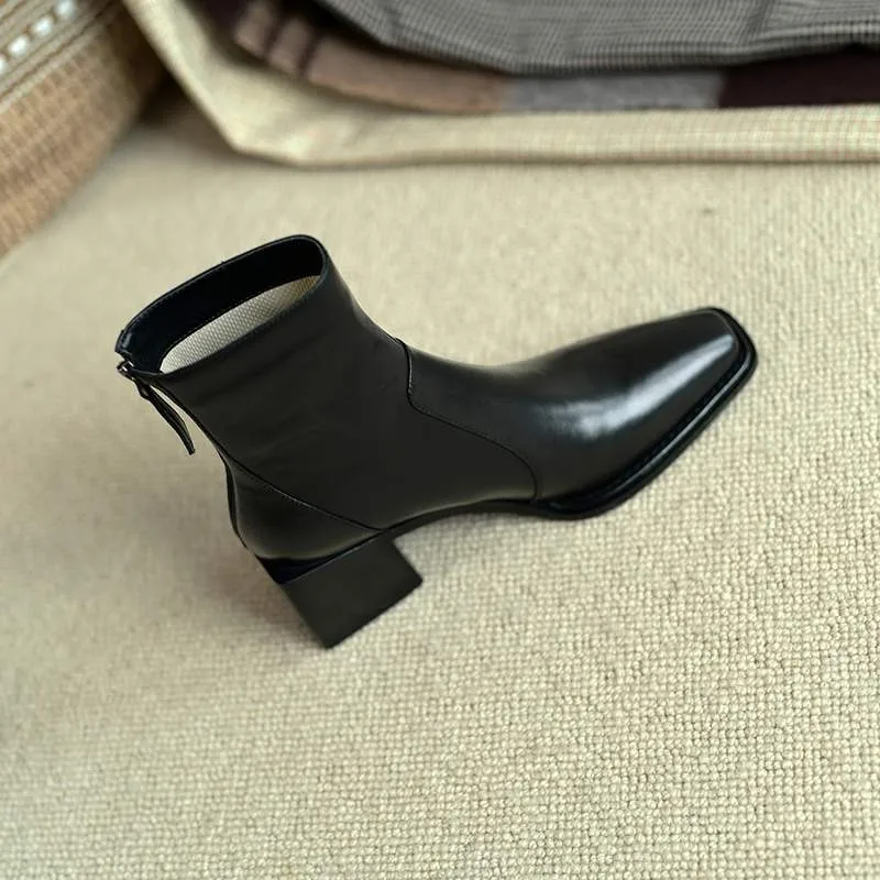 Dilalula Genuine Leather Short Boots Women Square Toe Thick High Heels Women Daily Autumn Winter Chelsea Boots Female 2025