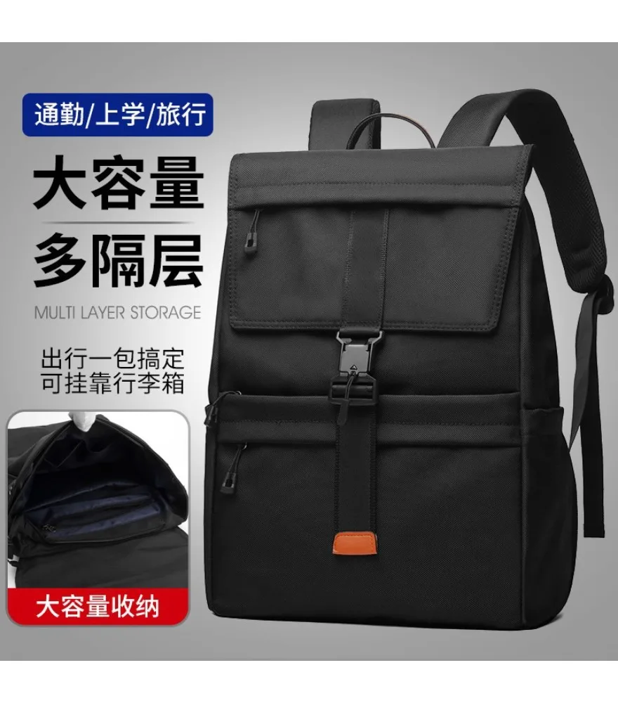 Black Roll Top Backpack With Orange Accent Buckle Strap Multi Front Zipper Pockets Water Resistant Fabric For Men Daily Commute