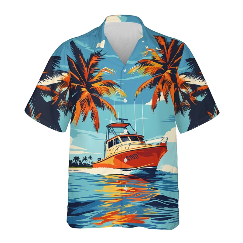 Cruise Ship Vacation Coconut Tree Graphic Beach Shirts Casual Party Shirt For Men Hawaii Sunset Boat Natural Scenery Lapel Tops