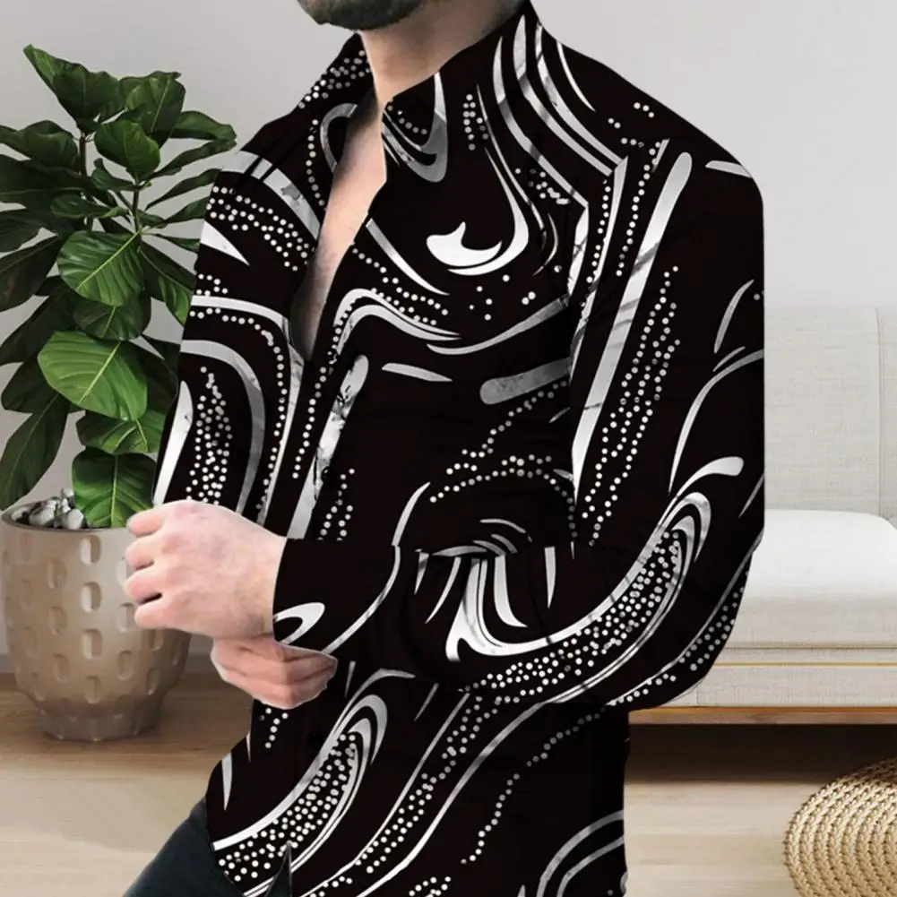 Camisa Vintage ajustada para hombre, camisa con estampado Digital, cuello levantado, transpirable, suave, de longitud media, para fiesta, Club, vacaciones