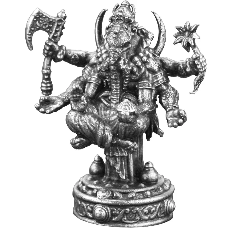 Six-Armed Ganesha White Copper Metal Figurine Hindu Wisdom God Statue Mini Desktop Ornament Decoration Lucky Collectible Gift